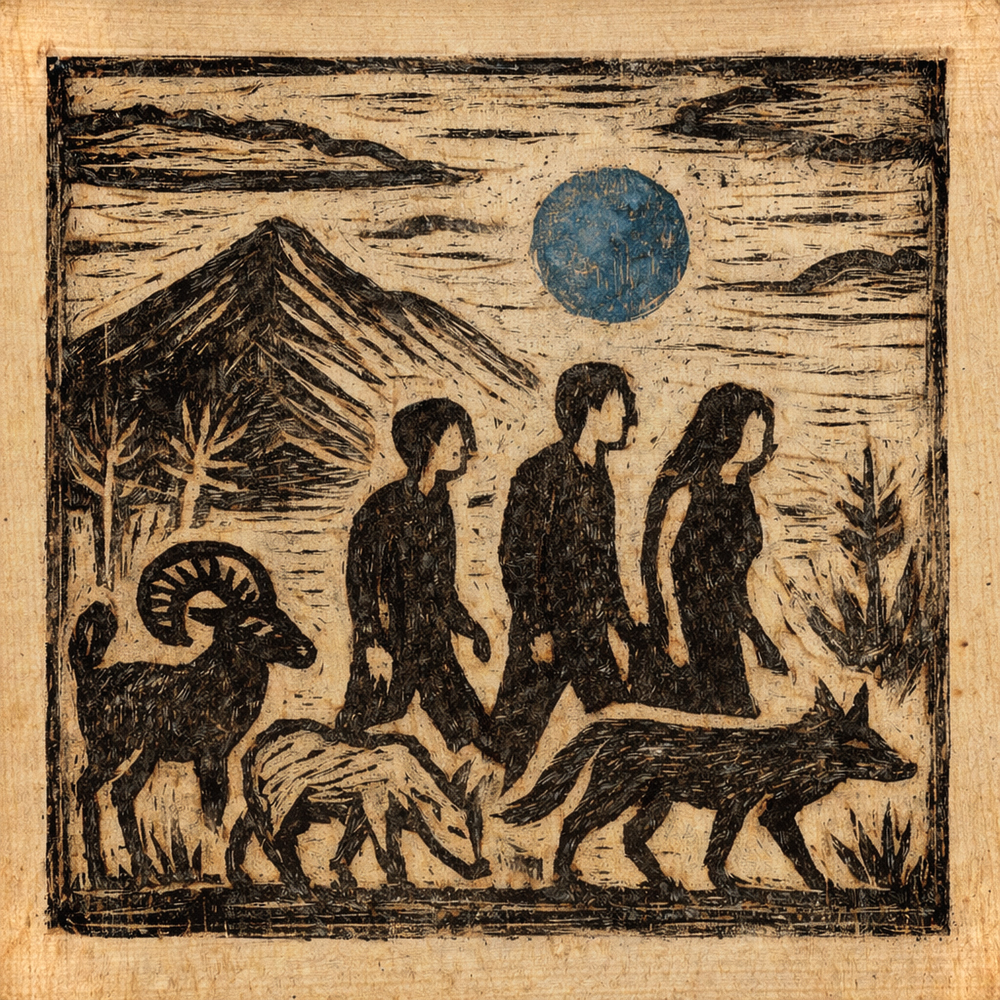 Counterpoint — figures walking woodblock